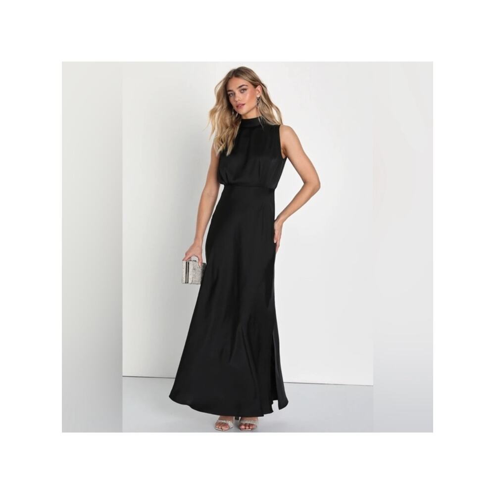 Lulu's Classic Elegance Black Satin Mock Neck Maxi Dress with Side Slits Size M - Picture 6 of 8